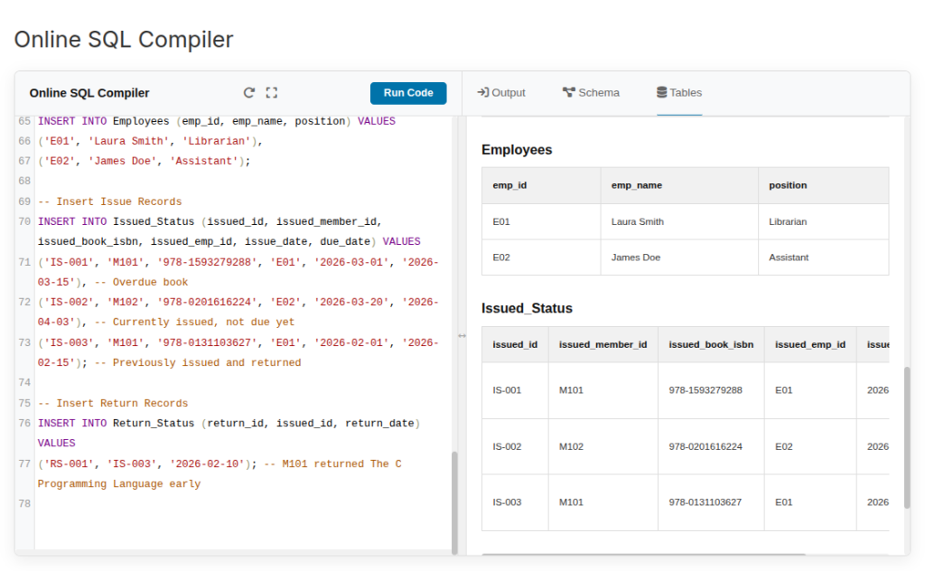 : Insert Sample Data output