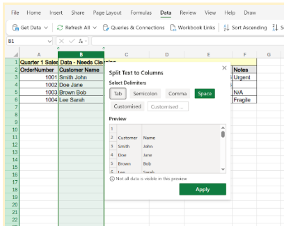 In the pane that opens, select Space as the delimiter, and click Apply.