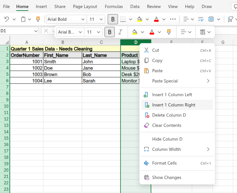 Insert a blank column immediately to the right of the Product Info column.