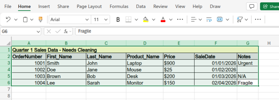 Select the entire dataset, including the header row.