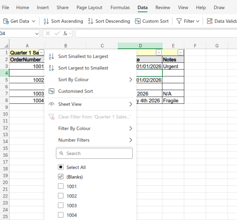 Use the filter arrow on a column and select only (Blanks).