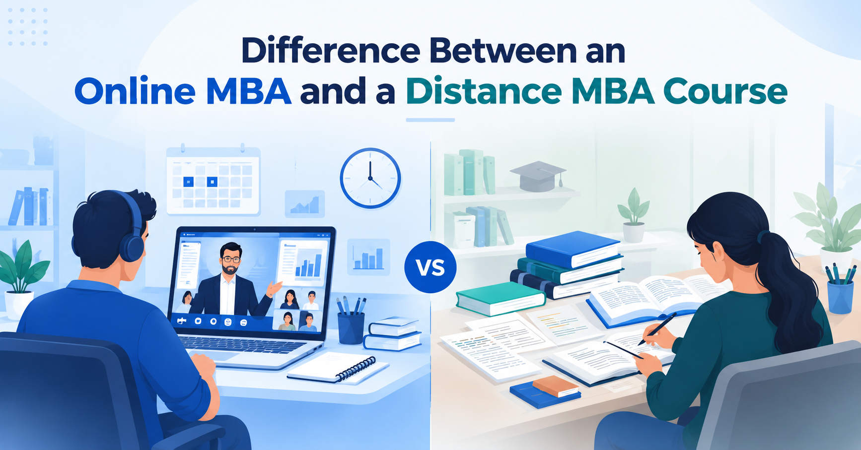 Online MBA vs distance MBA illustration comparing virtual classes and faculty interaction with independent study using books and learning materials.