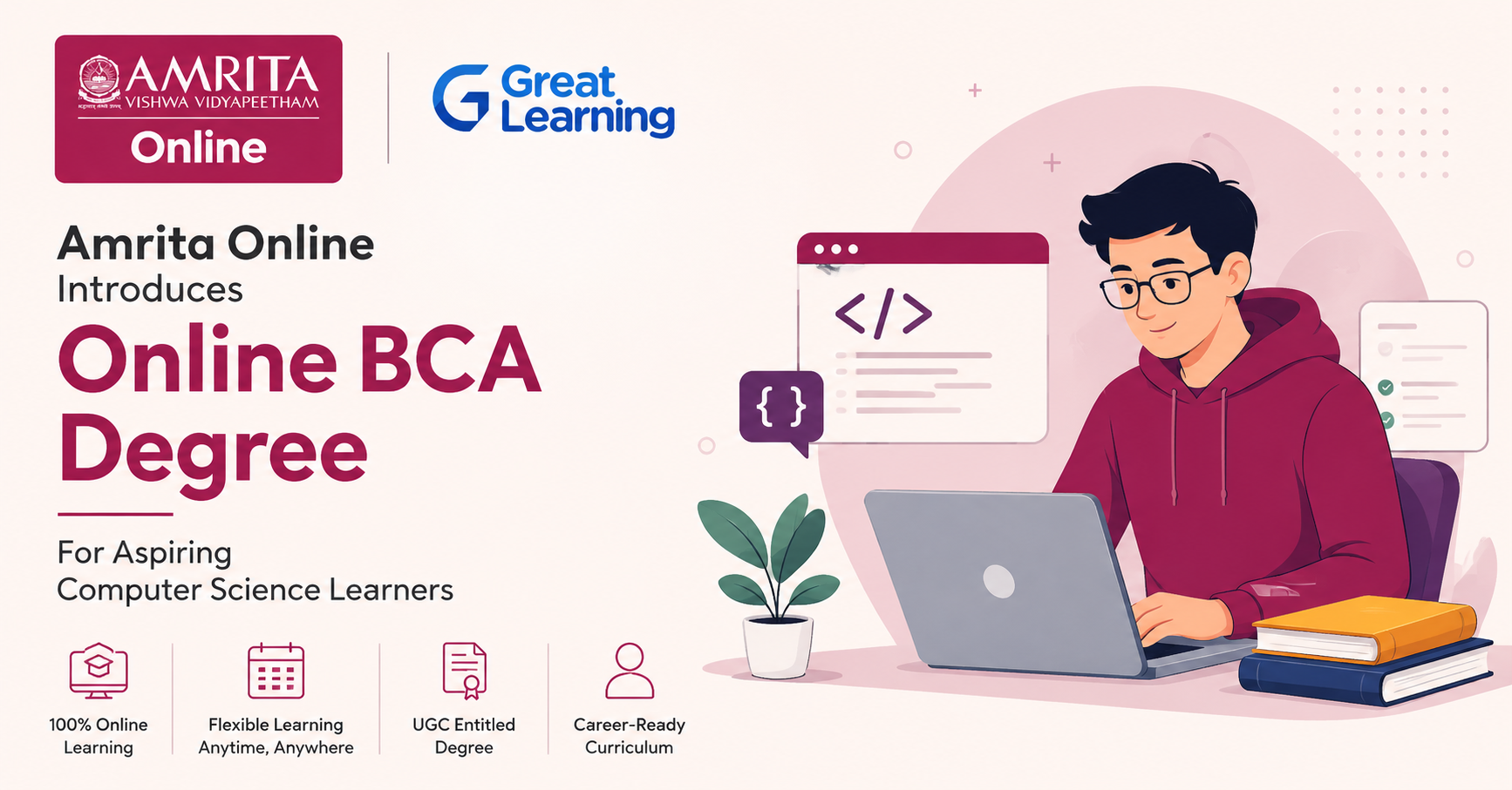 Amrita Online's BCA Degree feature image showing a student learning computer science online with coding, flexible study, and career-ready curriculum visuals.