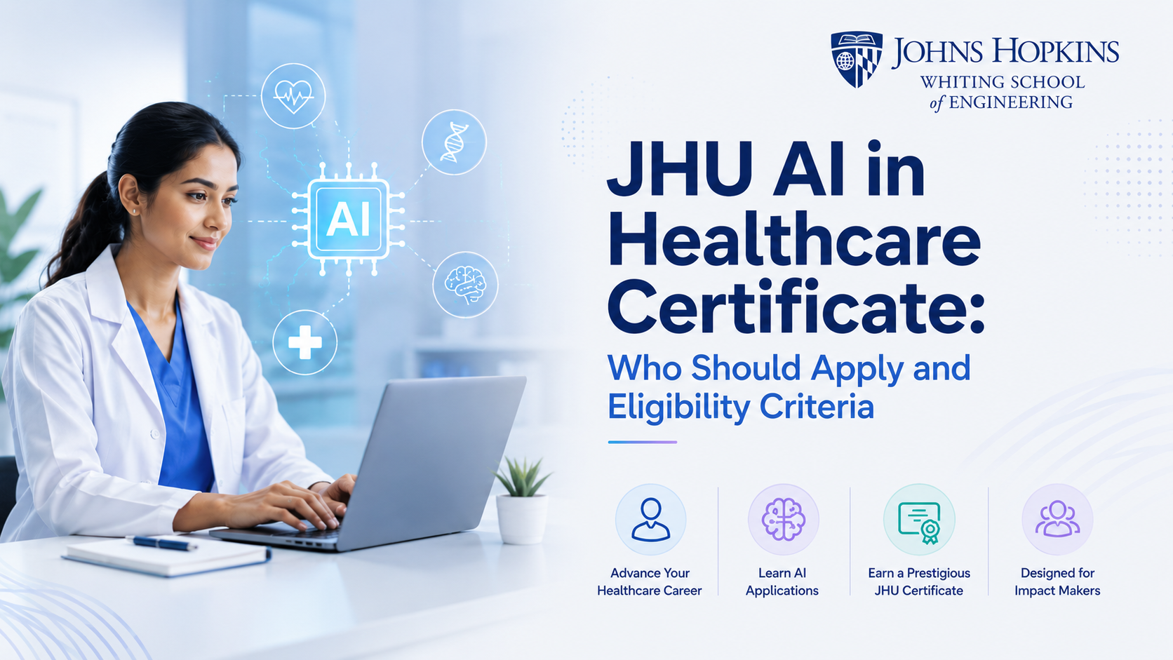 JHU AI in Healthcare Certificate eligibility criteria and application guide banner highlighting program benefits like learning AI applications and advancing healthcare careers.
