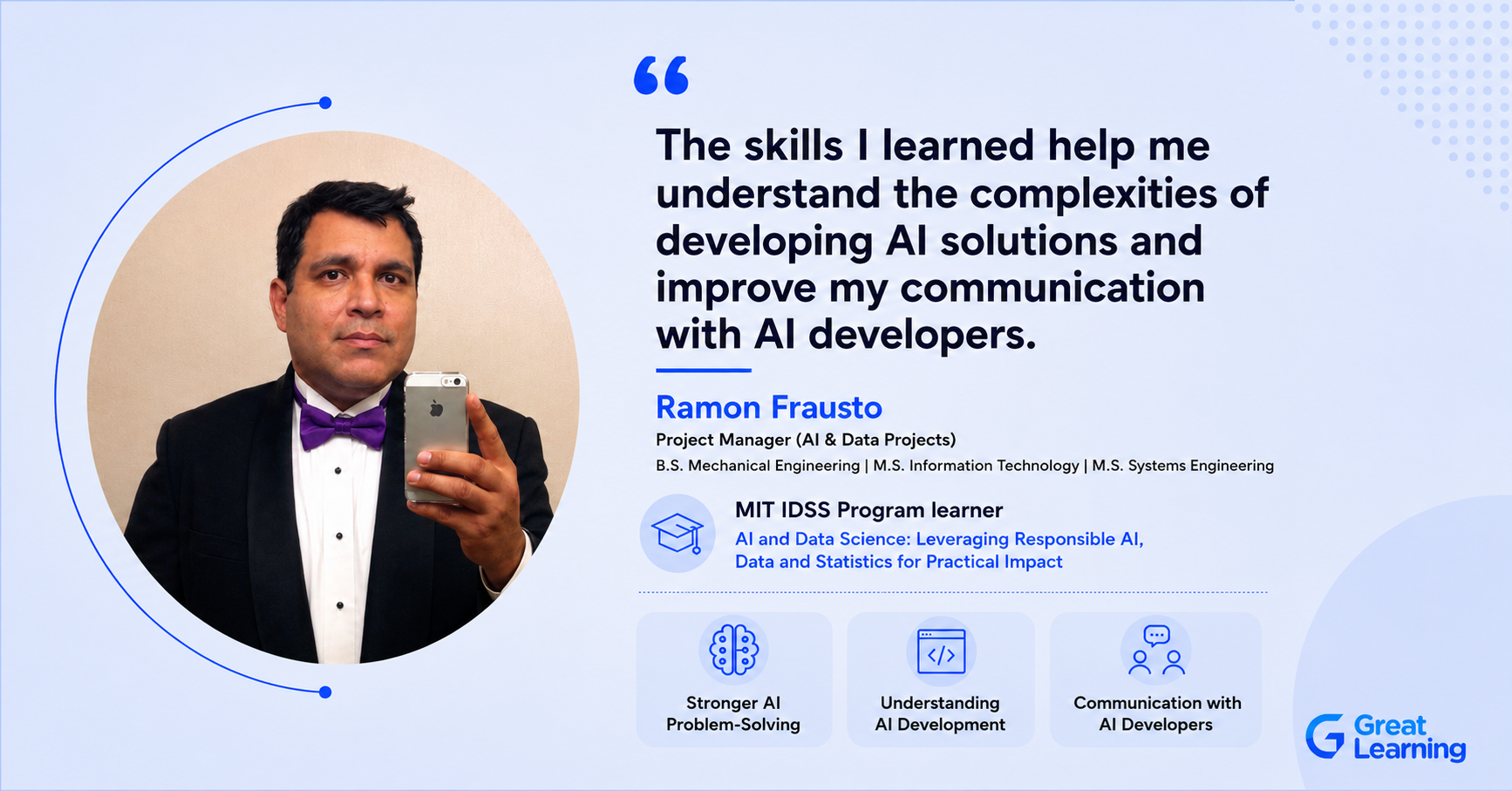 Ramon Frausto, Project Manager, sharing his AI learning journey through the MIT IDSS AI and Data Science program.