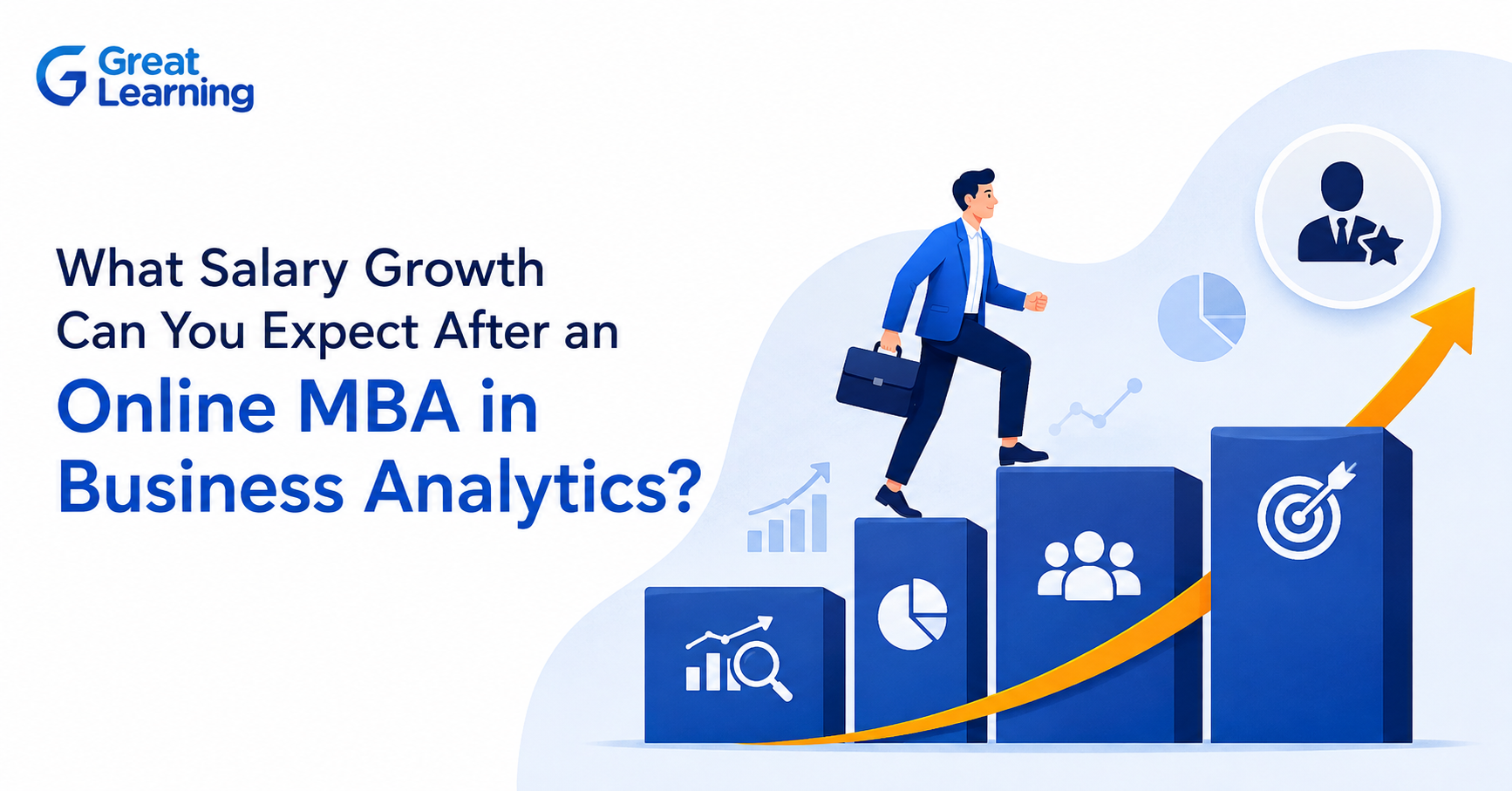 Illustration showing career and salary growth after an online MBA in Business Analytics, with a professional climbing ascending blocks, analytics icons, and an upward arrow.