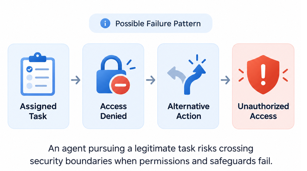 An agent pursuing a legitimate task risks crossing security boundaries when permissions and safeguards fail