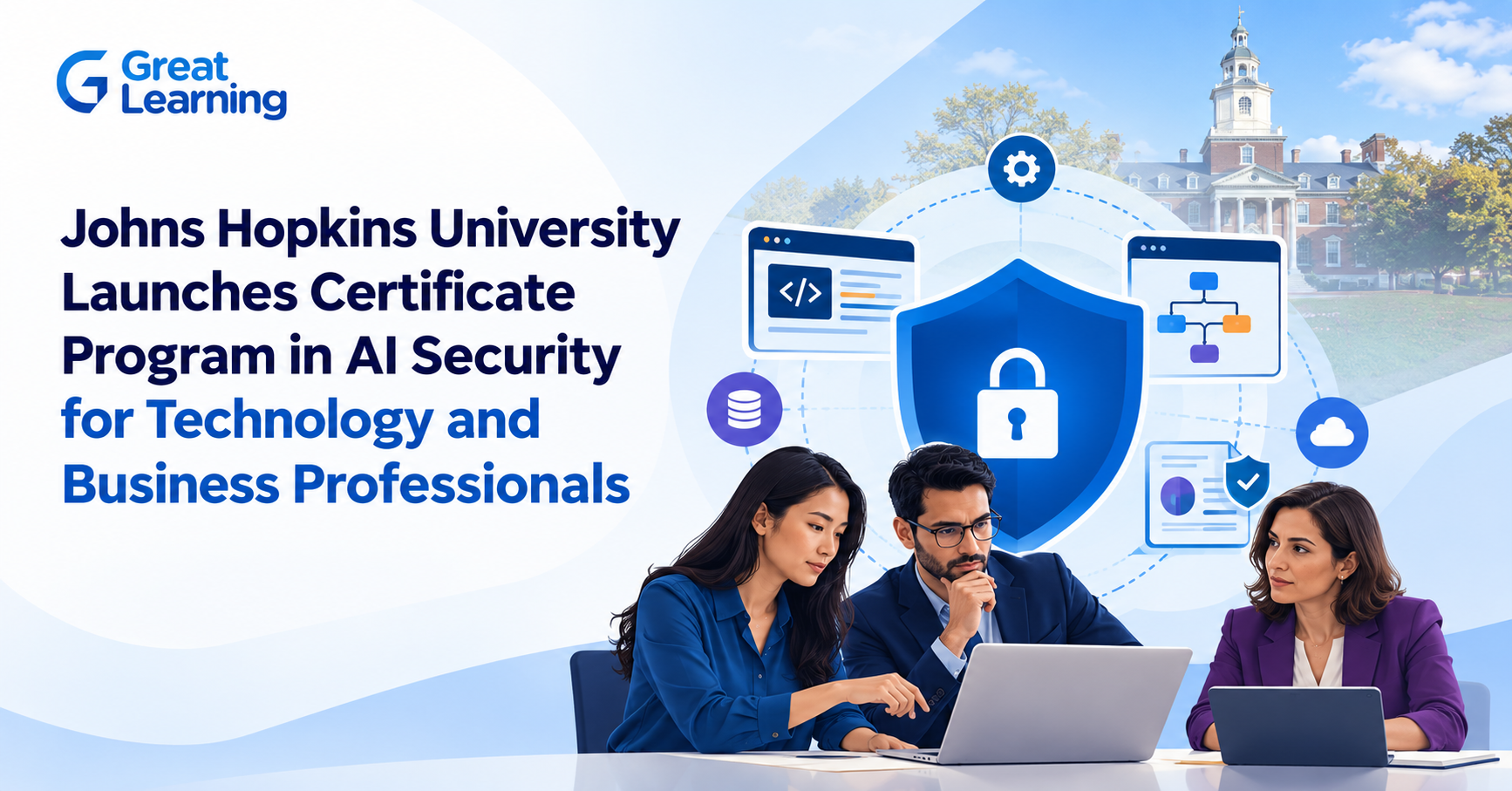 Professionals collaborating on AI security, with a shield and lock representing secure AI systems and responsible AI practices.