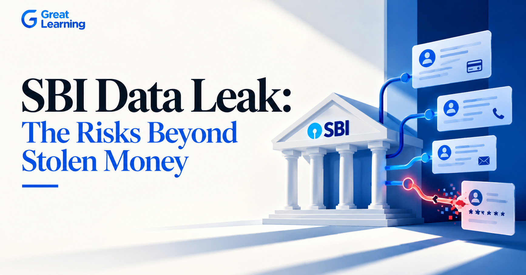 Illustration of banking cybersecurity risks and customer data protection following the reported SBI data leak in 2026. Copy